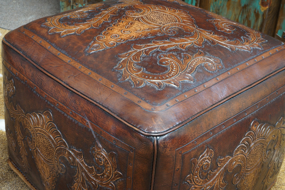 Western Antique Tooled Leather Ottoman