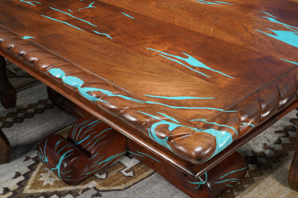 Lorena Mesquite Dining Table with Turquoise Inlays Hat Creek Interiors