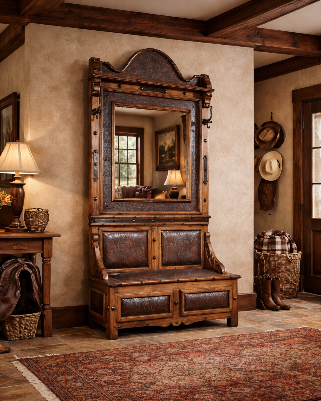 Jalisco Hacienda Tooled Leather Hall Tree | Western Hall Trees