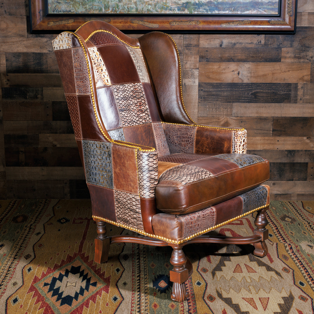 Patchwork Leather Western Wingback Chair Rustic Western