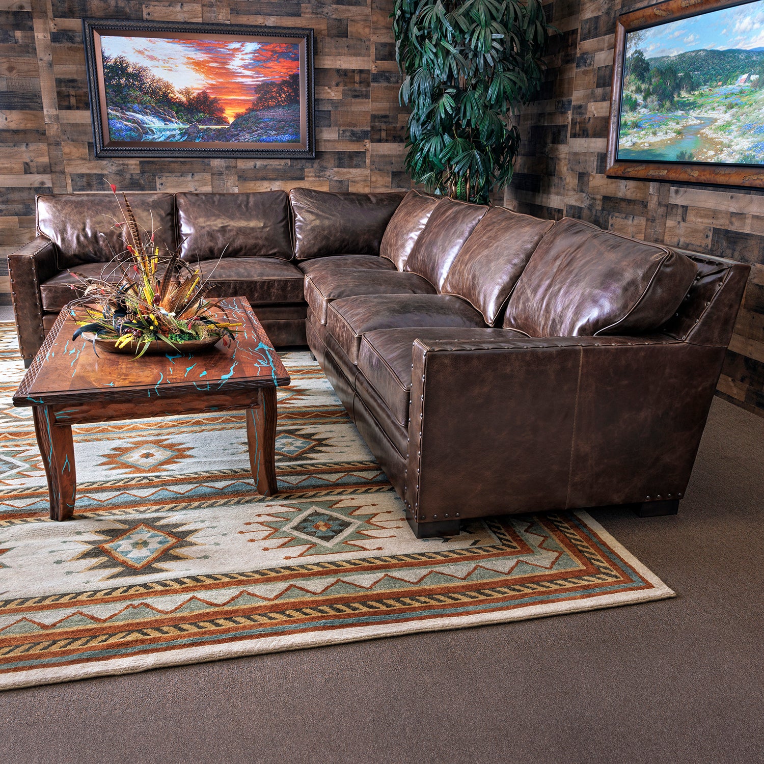 Brown leather deals sectional with chaise