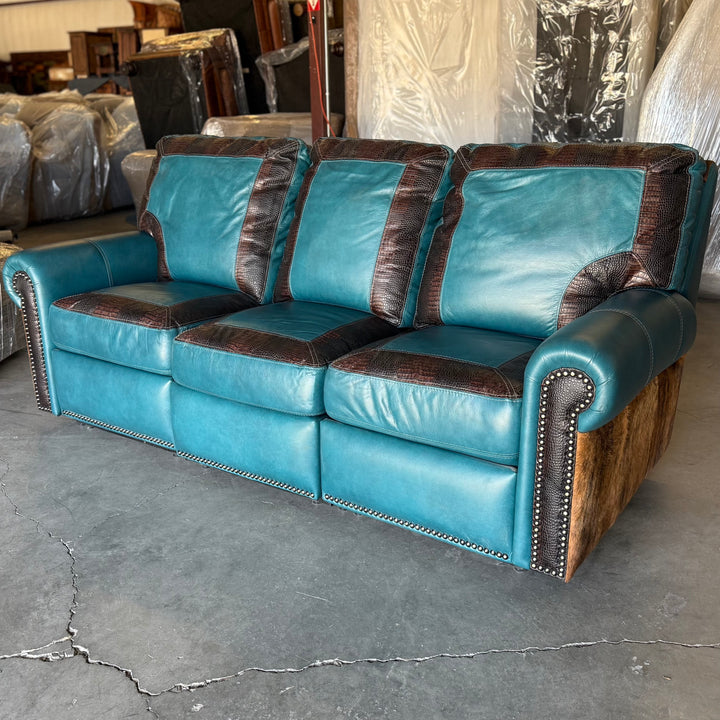 Turquoise and Cowhide Frisco Reclining Sofa