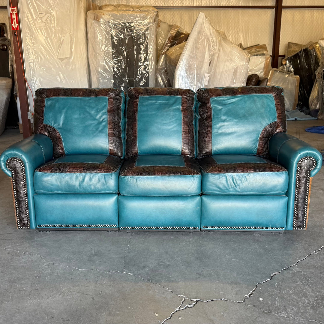 Turquoise and Cowhide Frisco Reclining Sofa