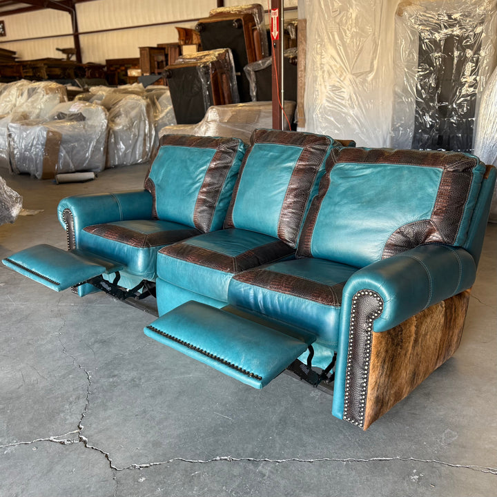 Turquoise and Cowhide Frisco Reclining Sofa