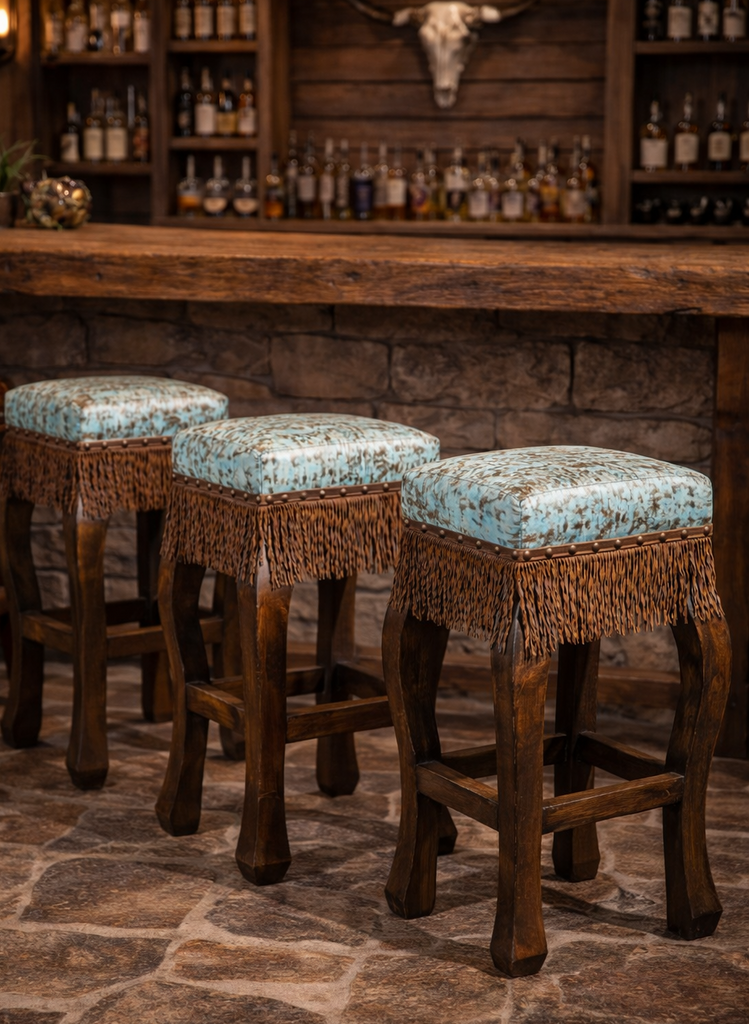 Western Turquoise Leather Bar Stool With Fringe | Western Bar