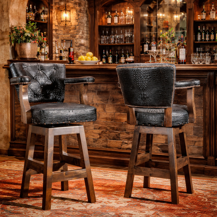 Black Croc Western Leather Bar Stool