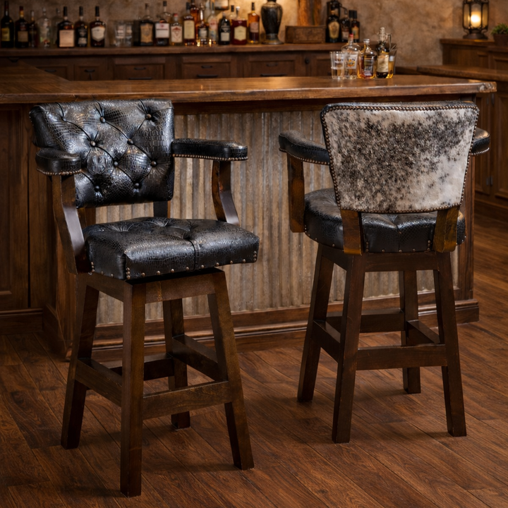 Black Croc Cowhide Leather Bar Stool