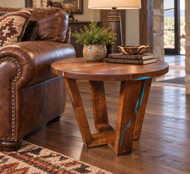 Brazos Round Mesquite End Table with Turquoise Inlays