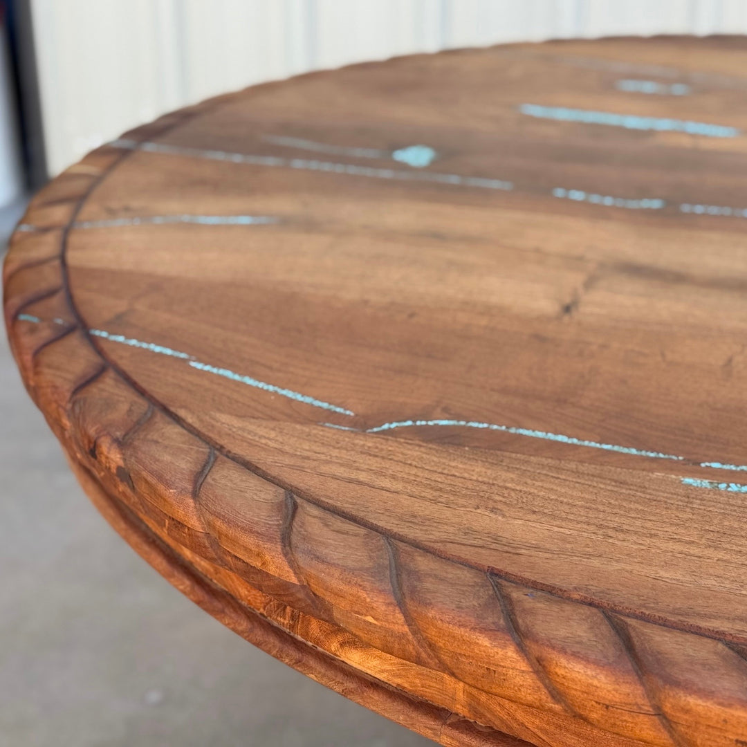 Olivas Mesquite Round Dining Table with Carved Rope Edge