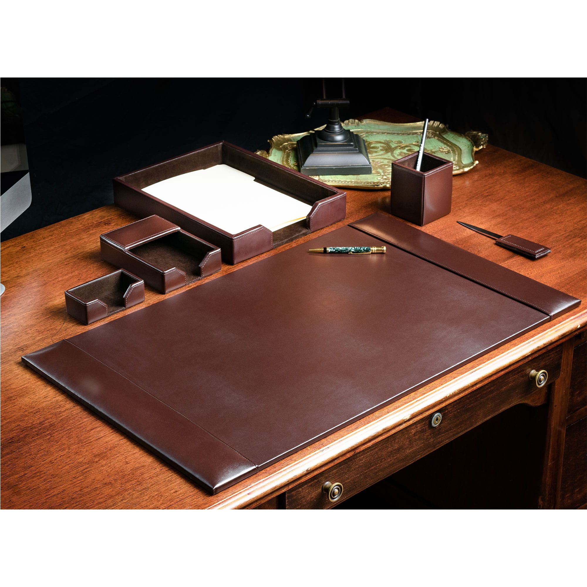 Chocolate Brown Leather Desk Accessory Set | Western Office