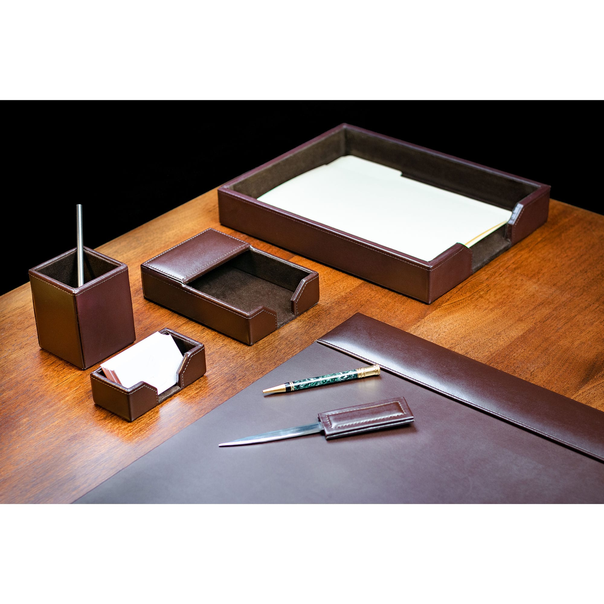 Chocolate Brown Leather Desk Accessory Set | Western Office