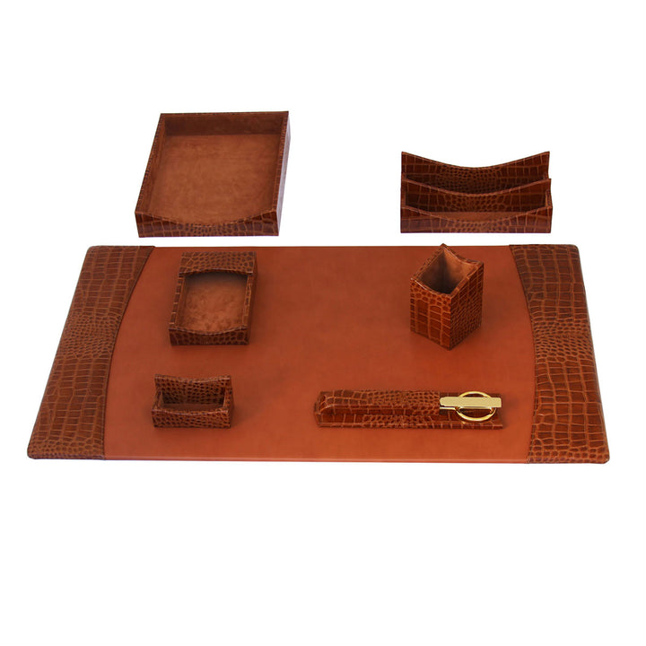 Mocha Gator Leather Desk Accessory Set