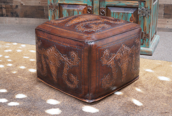 Western Antique Tooled Leather Ottoman