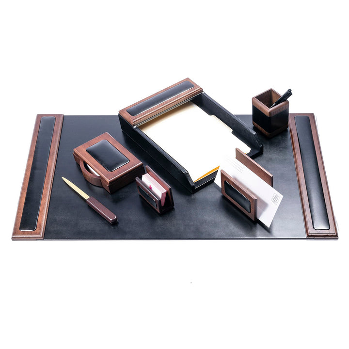 Walnut & Black Leather Desk Accessory Set