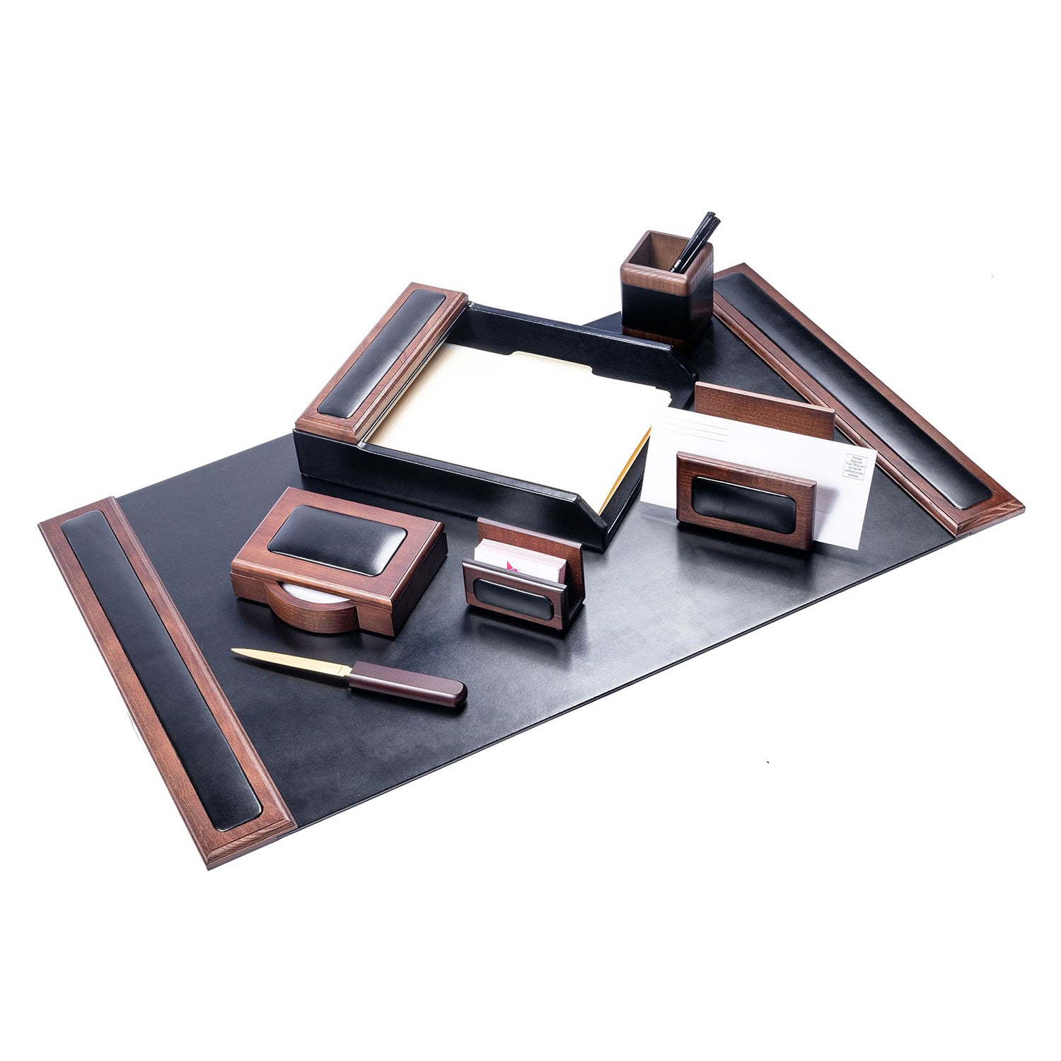 Walnut & Black Leather Desk Accessory Set | Western Office