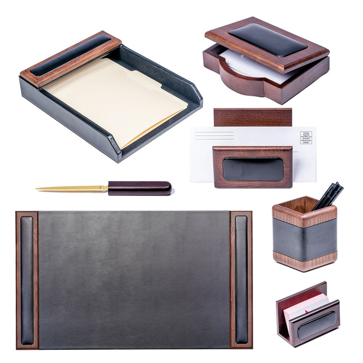 Walnut & Black Leather Desk Accessory Set