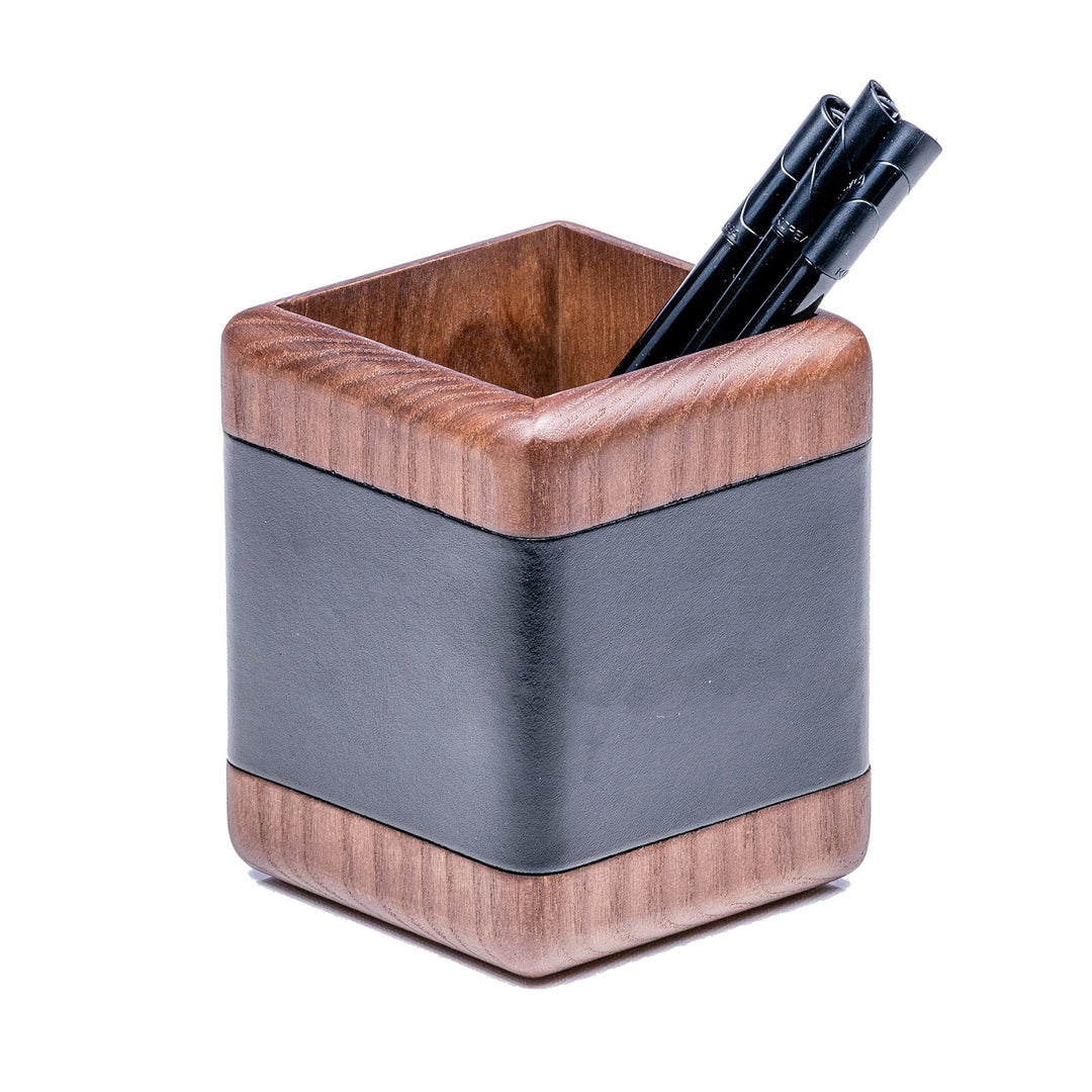 Walnut & Black Leather Desk Accessory Set