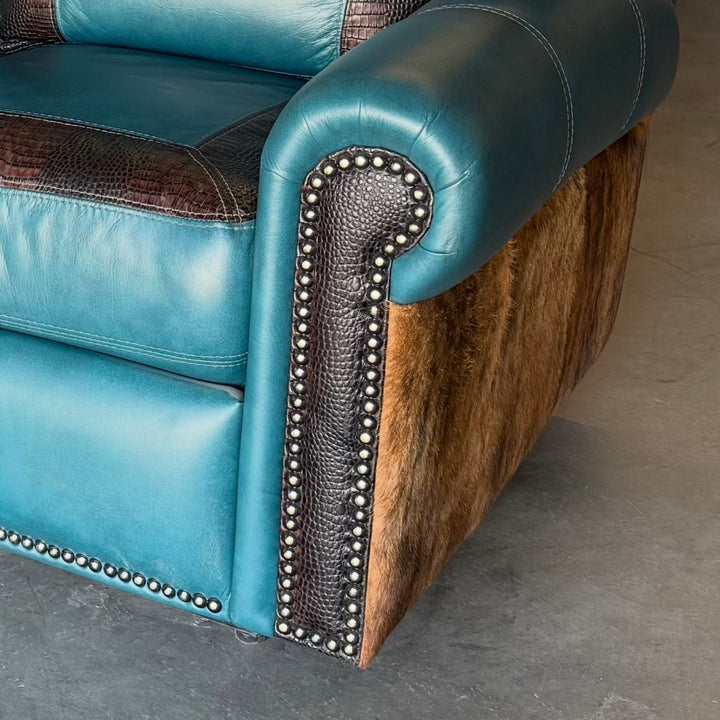Turquoise and Cowhide Frisco Reclining Sofa