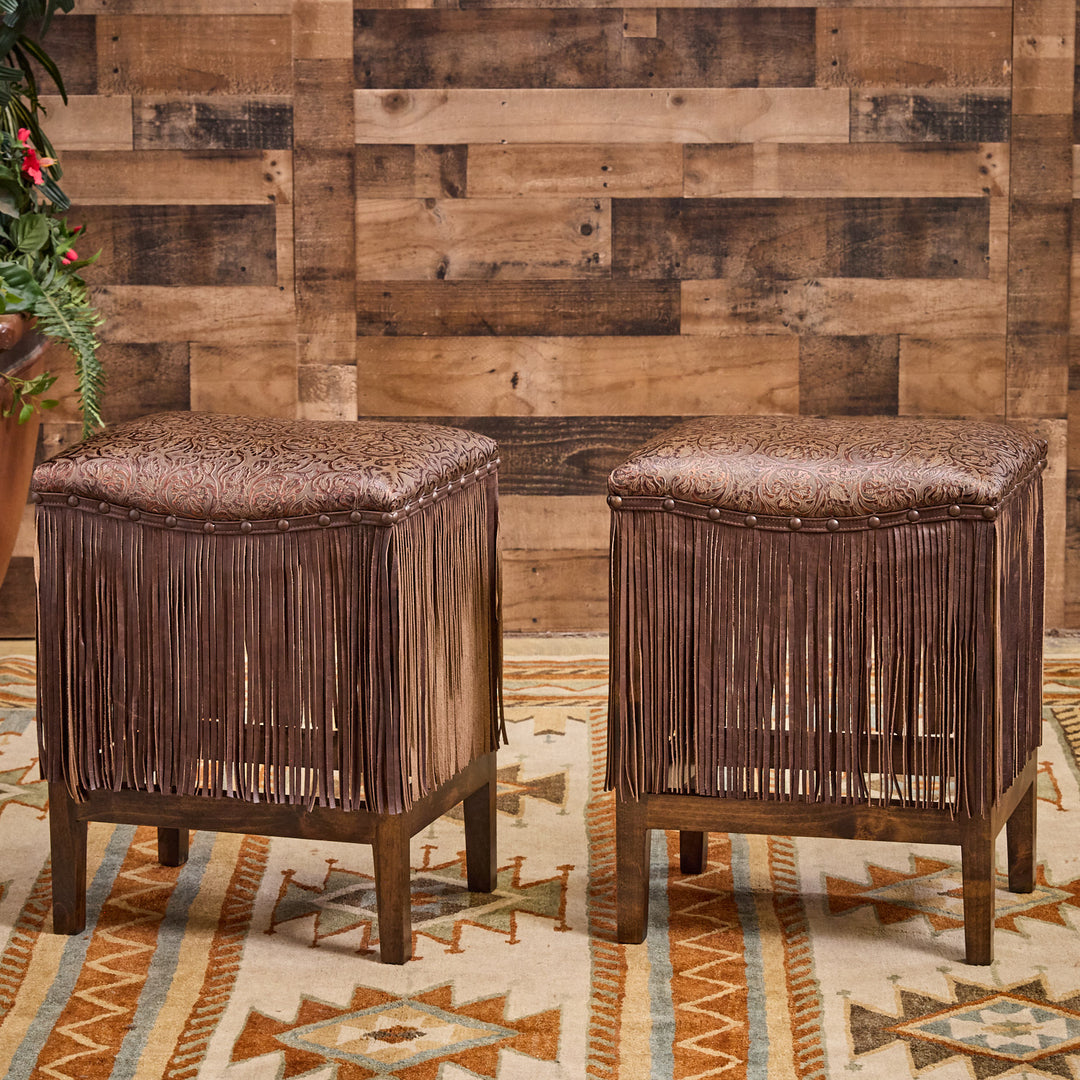 Cowboy Tool Copper Brown Saddle Stool with Extra Long Fringe