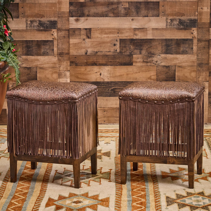 Cowboy Tool Copper Brown Saddle Stool with Extra Long Fringe