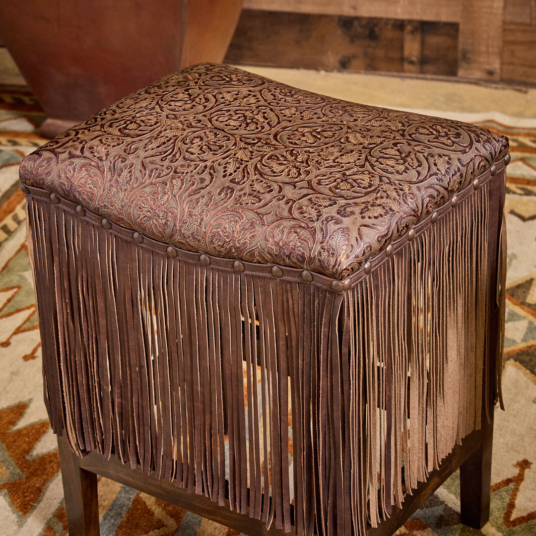 Cowboy Tool Copper Brown Saddle Stool with Extra Long Fringe