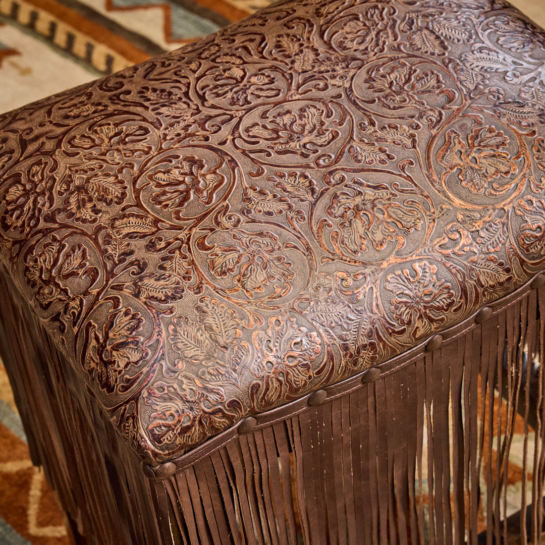 Cowboy Tool Copper Brown Saddle Stool with Extra Long Fringe
