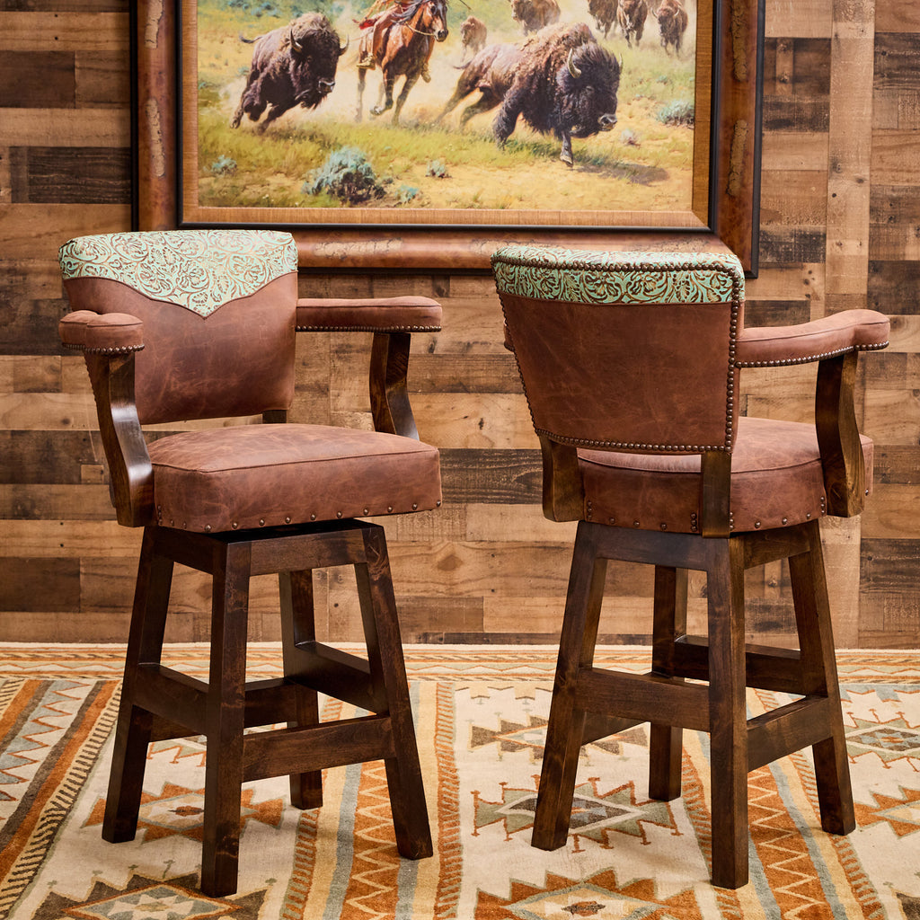 Conroe Turquoise Western Leather Bar Stool | High-End Western