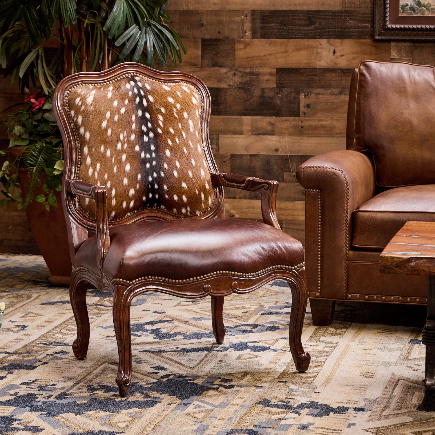 Carved Axis Accent Chair | Rustic Lodge Style Leather Arm Chair