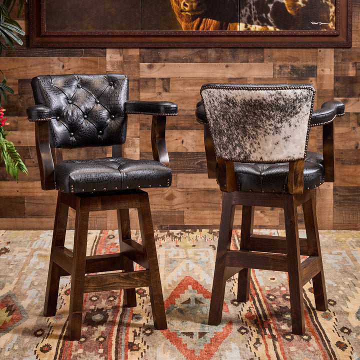 Black Croc Cowhide Leather Bar Stool