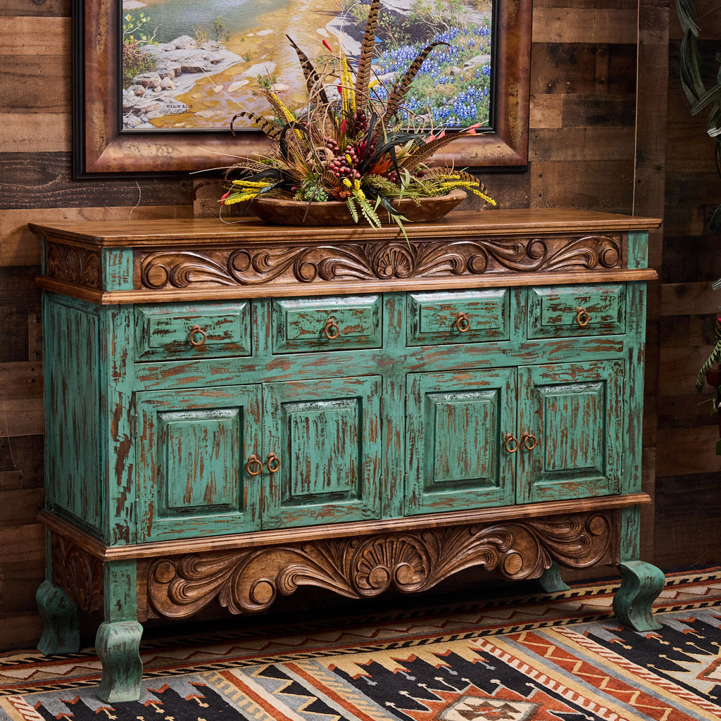 Melissa Carved Alder Turquoise Buffet – Hat Creek Interiors