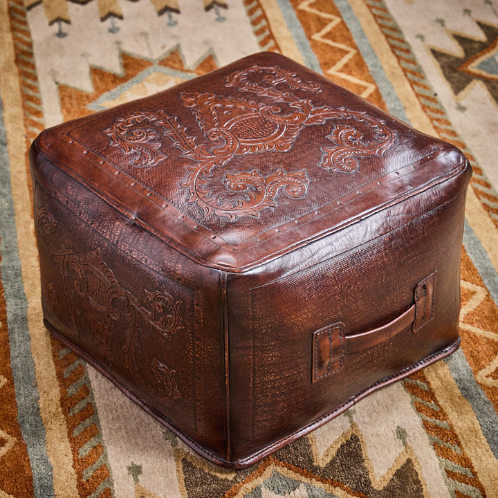 Western Antique Tooled Leather Ottoman