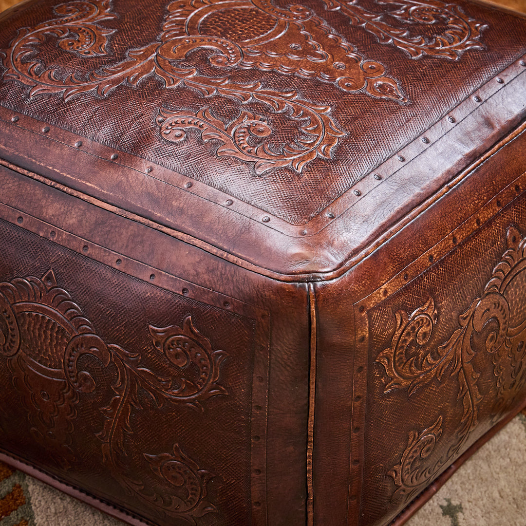 Western Antique Tooled Leather Ottoman