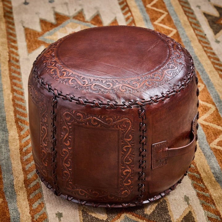 Western Antique Tooled Leather Ottoman