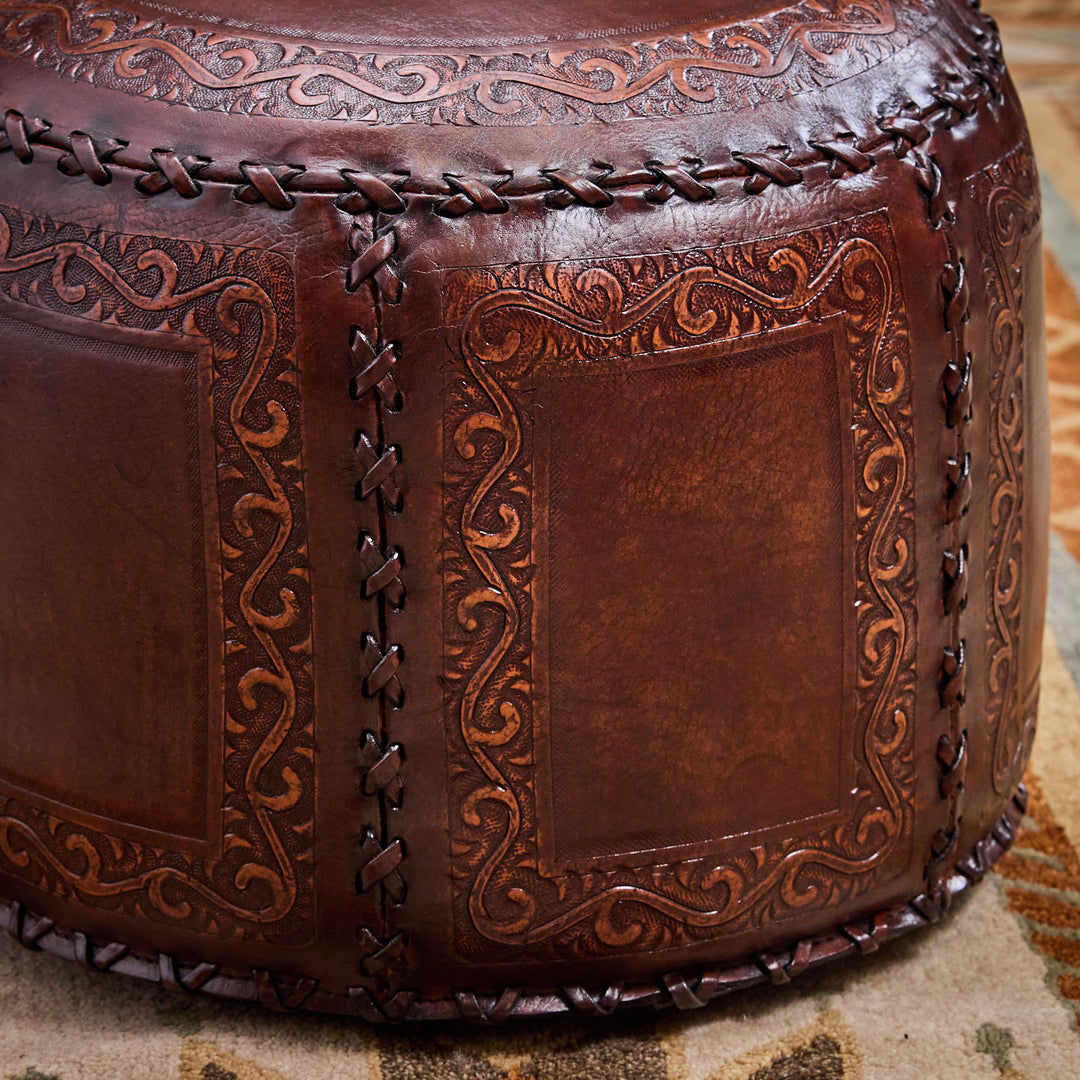 Western Antique Tooled Leather Ottoman