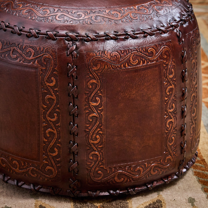 Western Antique Tooled Leather Ottoman