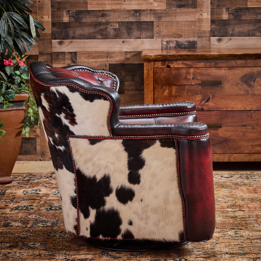 Kingsville Cowhide and Antique Red Swivel Glider Chair