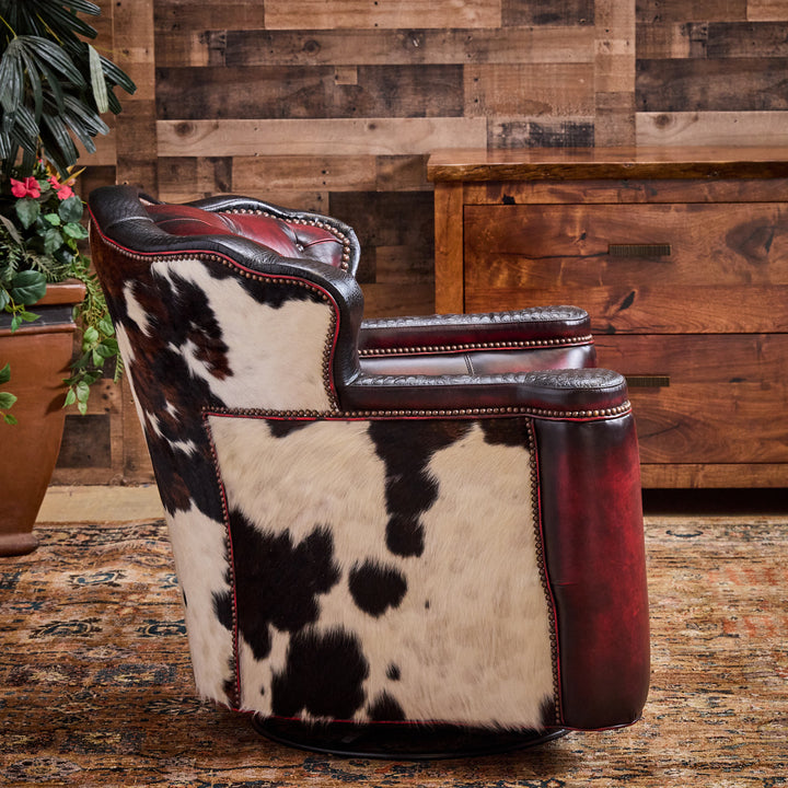Kingsville Cowhide and Antique Red Swivel Glider Chair