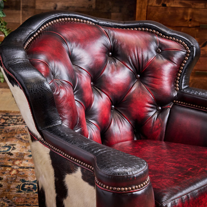 Kingsville Cowhide and Antique Red Swivel Glider Chair