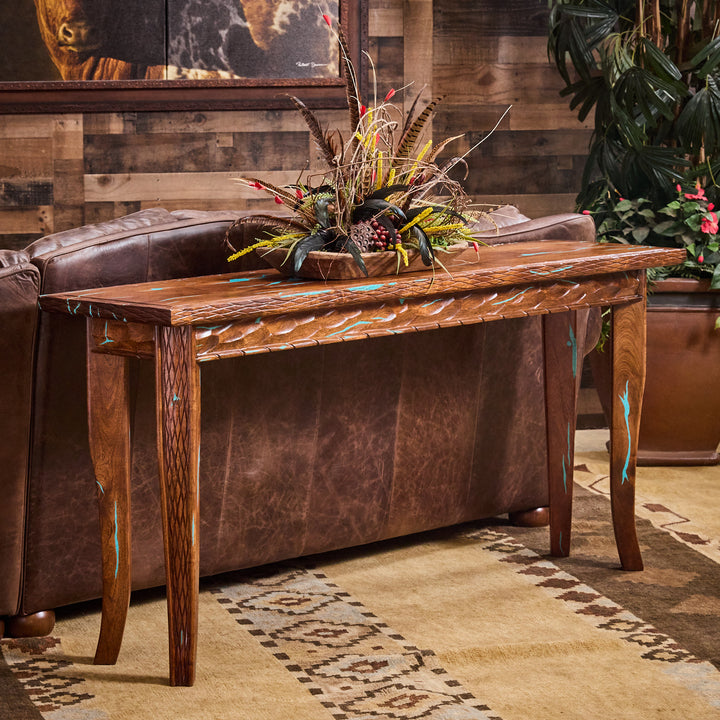 Horn Leg Mesquite Sofa Table w/ Turquoise Inlay