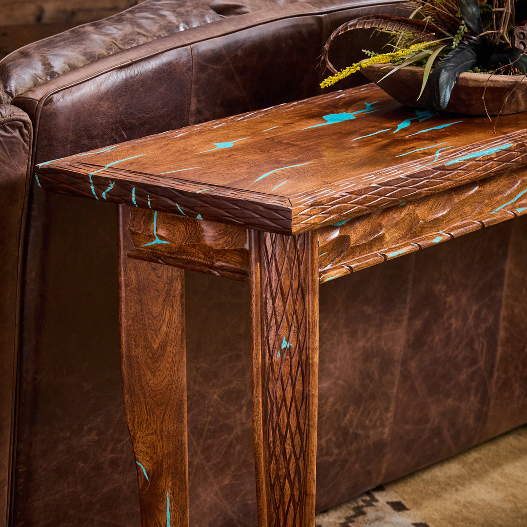 Horn Leg Mesquite Sofa Table w/ Turquoise Inlay