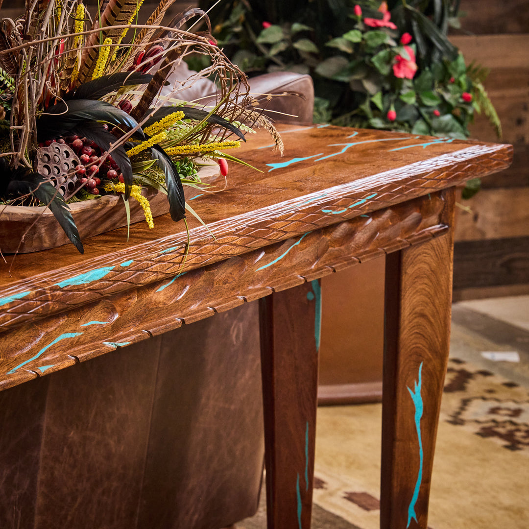 Horn Leg Mesquite Sofa Table w/ Turquoise Inlay