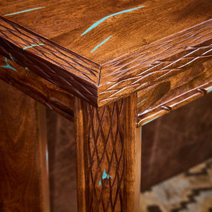 Horn Leg Mesquite Sofa Table w/ Turquoise Inlay