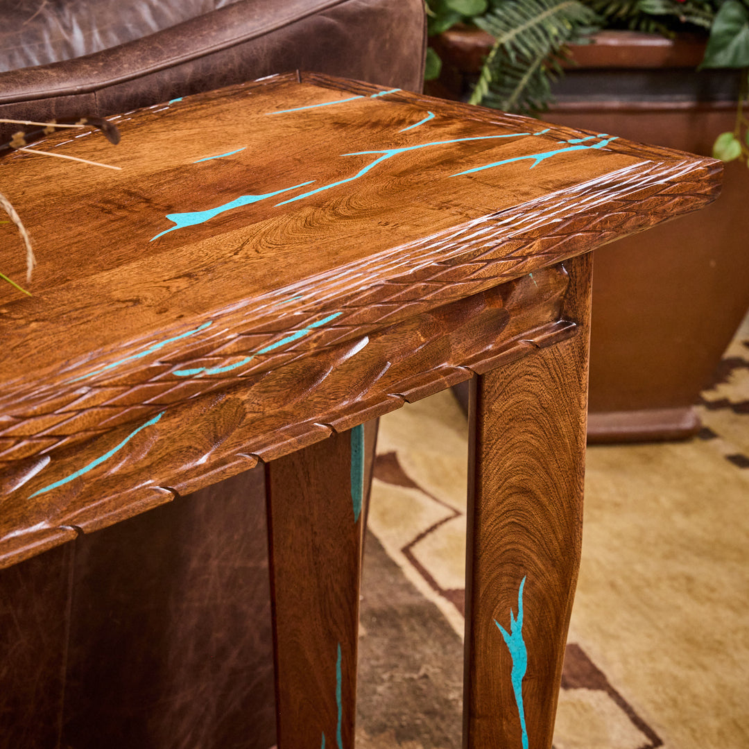 Horn Leg Mesquite Sofa Table w/ Turquoise Inlay