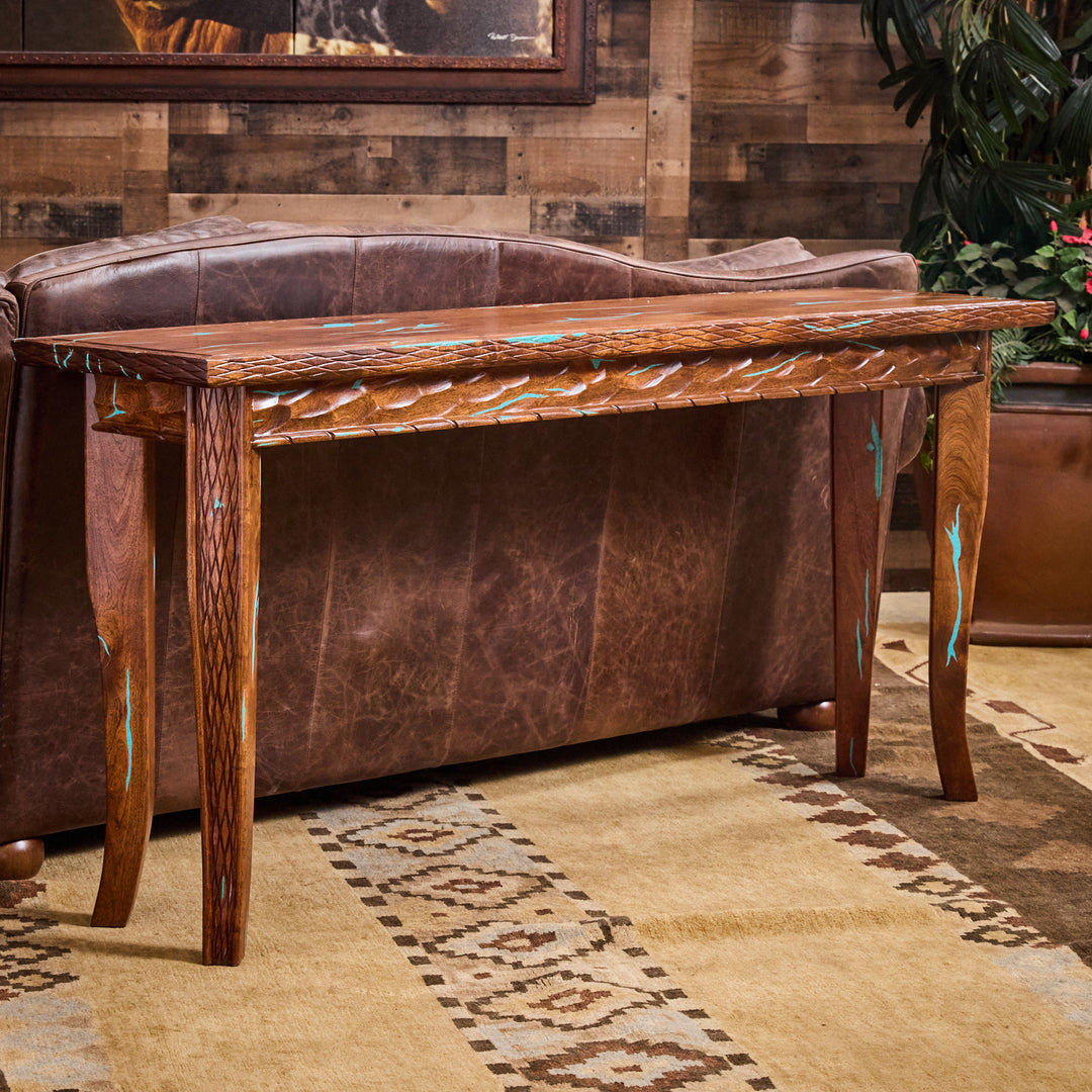 Horn Leg Mesquite Sofa Table w/ Turquoise Inlay
