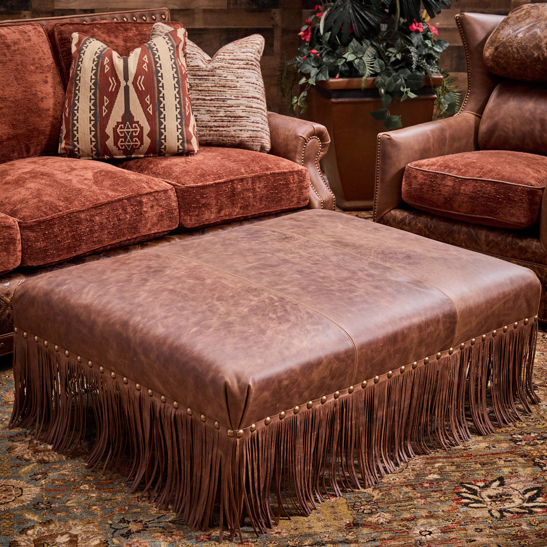 Morgan Western Leather Ottoman with Fringe