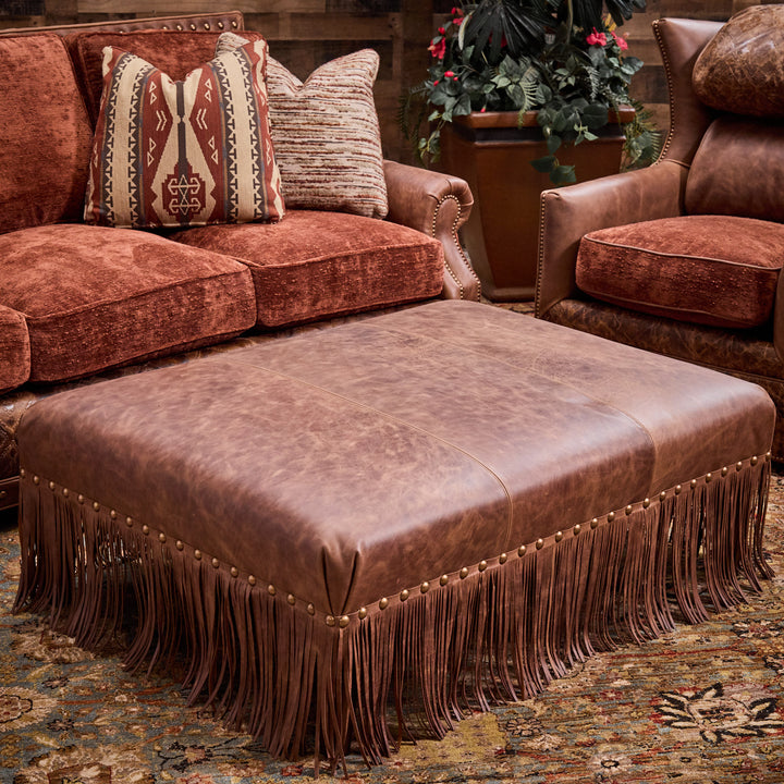 Morgan Western Leather Ottoman with Fringe