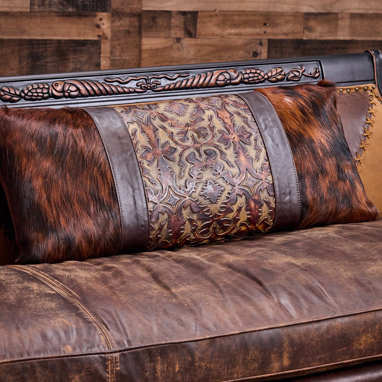 Embossed Leather & Cowhide Body Pillow Fashioned With Brindle