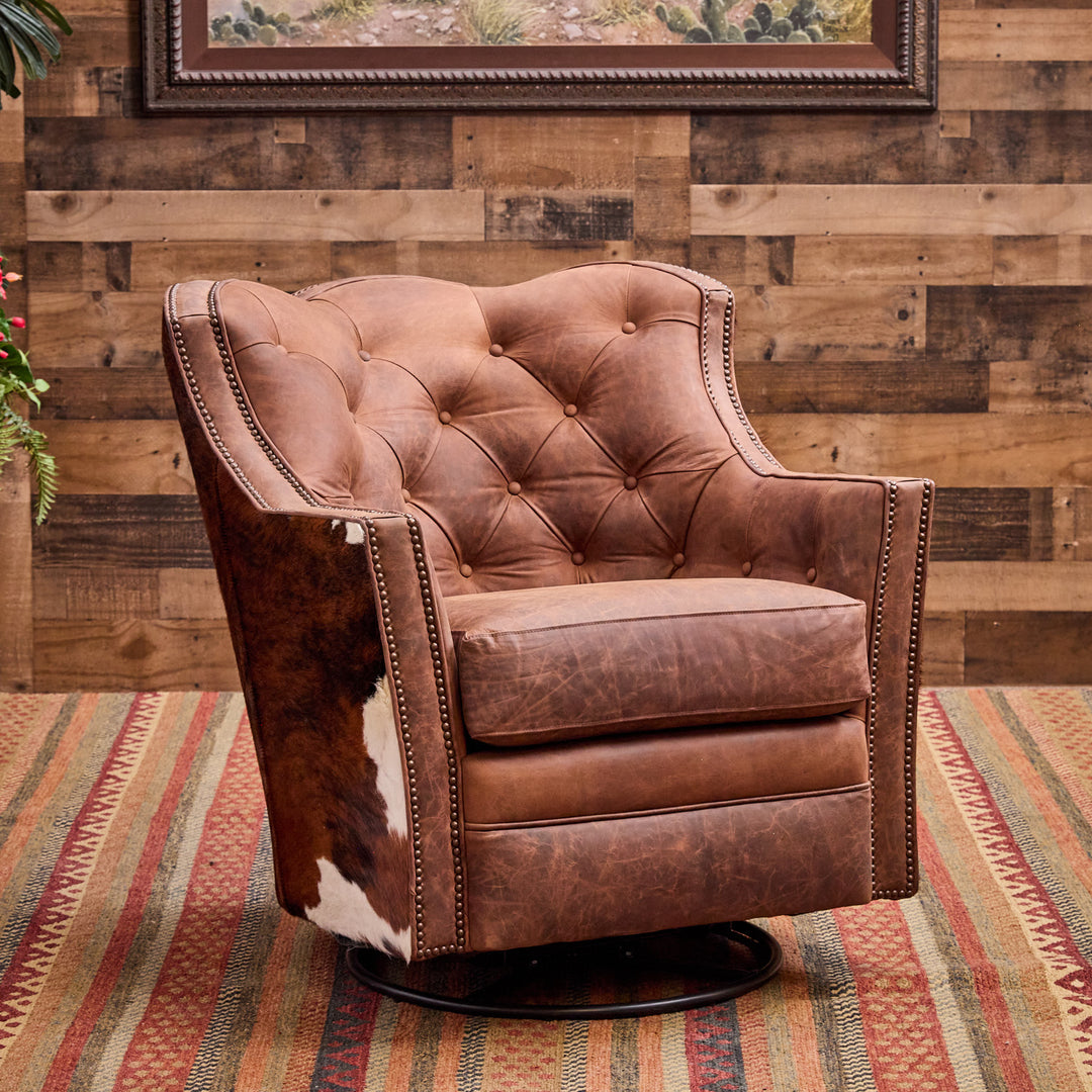 Mabank Western Cowhide and Leather Swivel Glider Chair