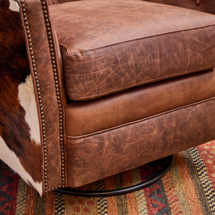 Mabank Western Cowhide and Leather Swivel Glider Chair