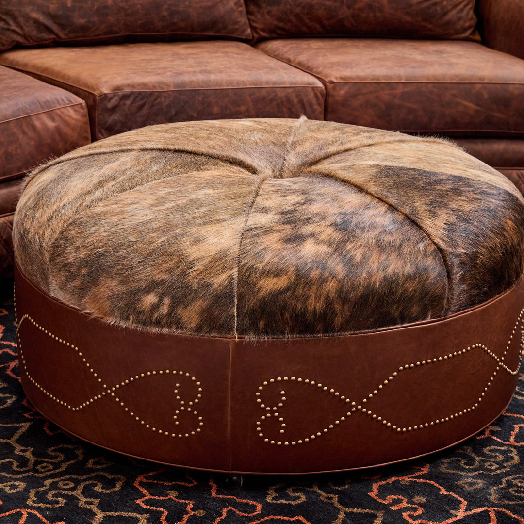Corona Round Cowhide Leather Ottoman